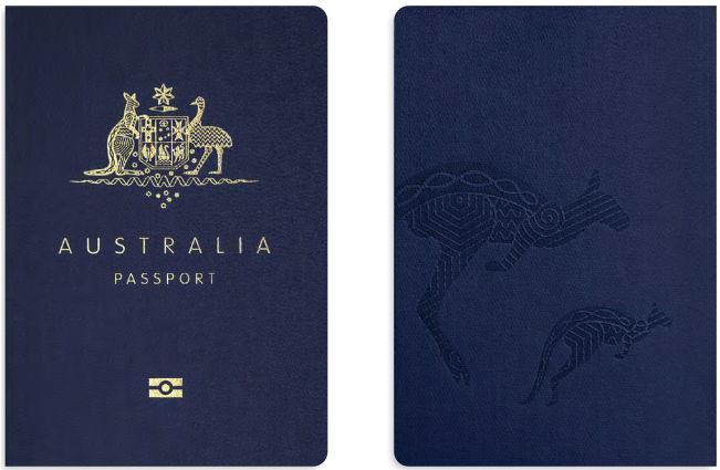 Image shows the front and back cover of the R Series passport. The front cover of the passport shows the Australian crest and reads “AUSTRALIA PASSPORT.” The back cover shows two embossed kangaroos in a First Nations’ art style.