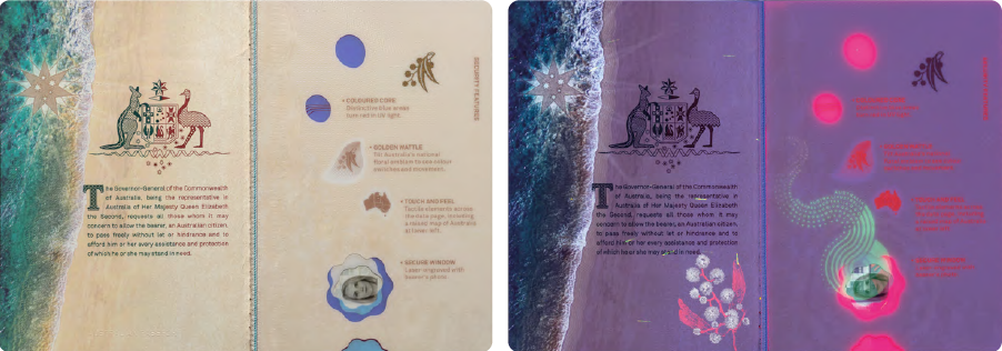 The illustrations show two images of the centre pages of the R Series passport. The first image shows Uluru illustrated in true colour with a small map of the Northern Territory in the bottom right-hand corner.  The second image shows this illustration under ultraviolet light, revealing a unique night-time skyscape with a kangaroo in the foreground.  These images are on a background of a map of the world.