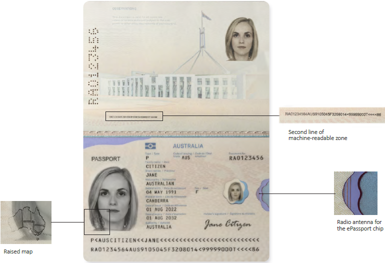 Image shows the photo page or ID page of the R Series passport and lists three features with supporting text that reads “Raised map”, second line of machine-readable zone and radio antenna for the ePassport chip.