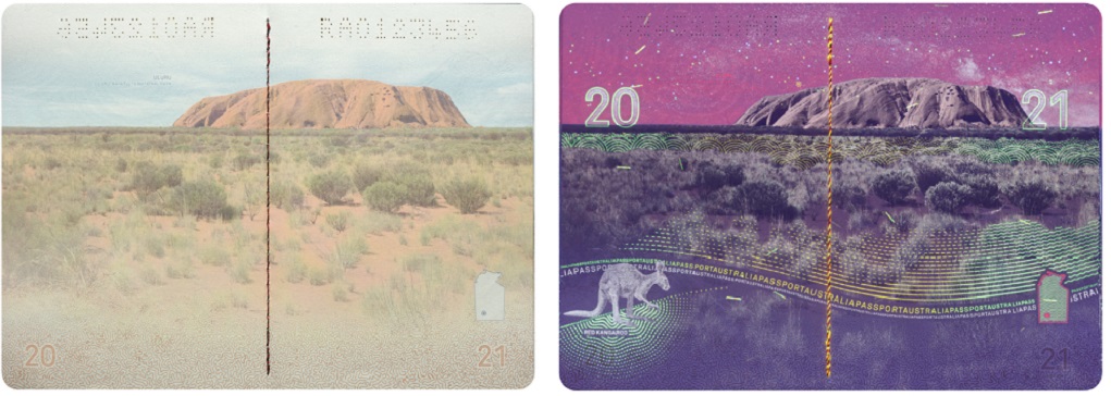 Image of Uluru on the centre pages of the passport in daylight and a second image showing the passport under ultraviolet light.