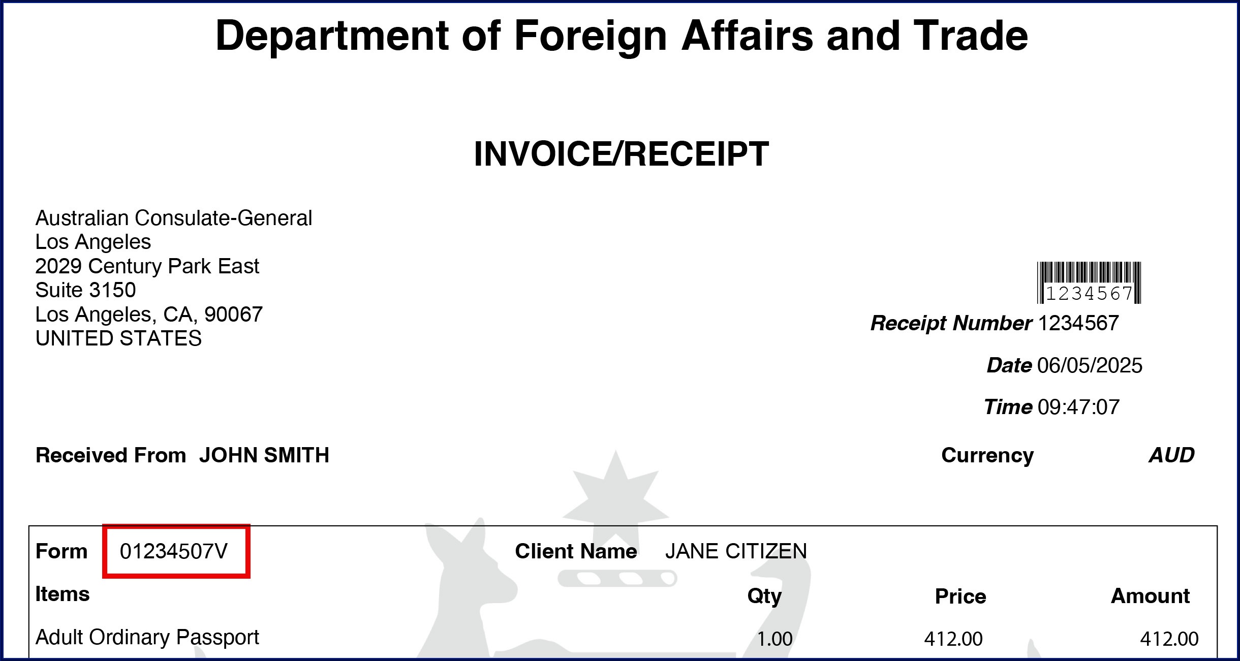 An image of an overseas lodgement receipt. The words Department of Foreign Affairs and Trade are at the top, followed by the details of the receipt. The application number is towards the bottom on the left, circled in red.