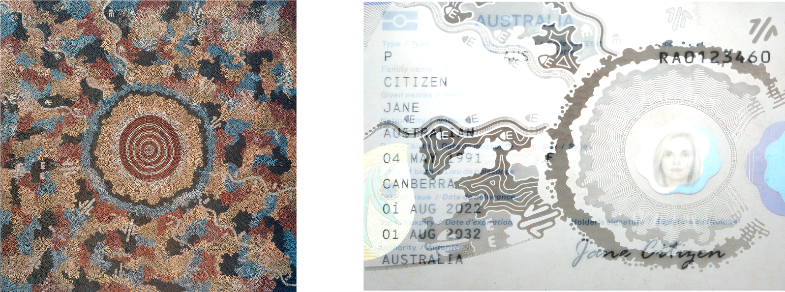 Two images sit side by side. On the left is Michael Nelson Jagamara's painting Possum and Wallaby Dreaming (1985). It features a series of white and brown concentric circles in the centre, surrounded by bands and shapes of alternating blue, black, tan and brown and white that fan outwards. The image on the right is of the R Series passport data page. It's mostly grey in colour, with a photo of Jane Citizen, the passport holder, and her details in the background with a watermark from Possum and Wallaby Dream