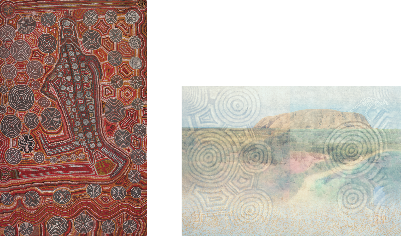 Two images sit side by side. On the left is Uta Uta Tjangala's painting Yumari, featuring dark concentric circles around a central figure against a backdrop of red and brown. The image on the right is the R Series passport visa page featuring Uluru and the Yumari watermark