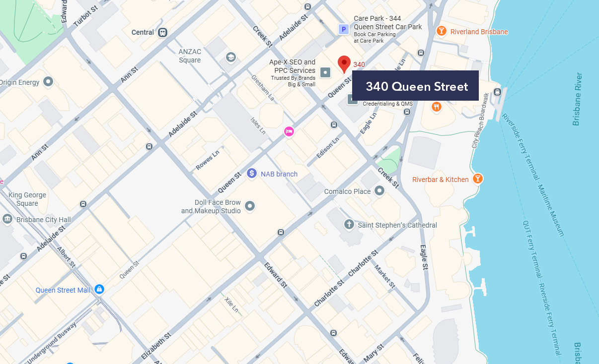 A map of Brisbane city showing the location of the Brisbane Passport Office at 340 Queen Street