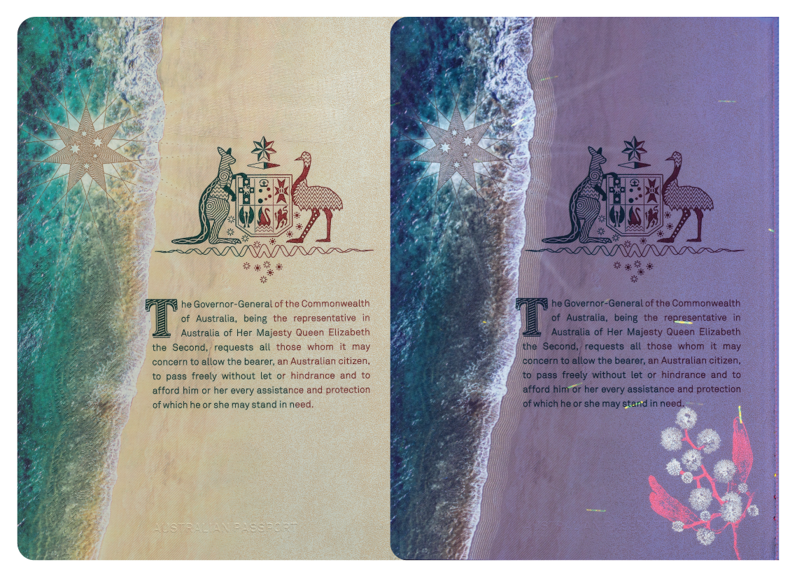 Image shows the Governor-General's page of the R Series passport side by side with the UV version of the page. This page has the Federation star, the Commonwealth Coat of Arms and under UV light a sprig of wattle appears.
