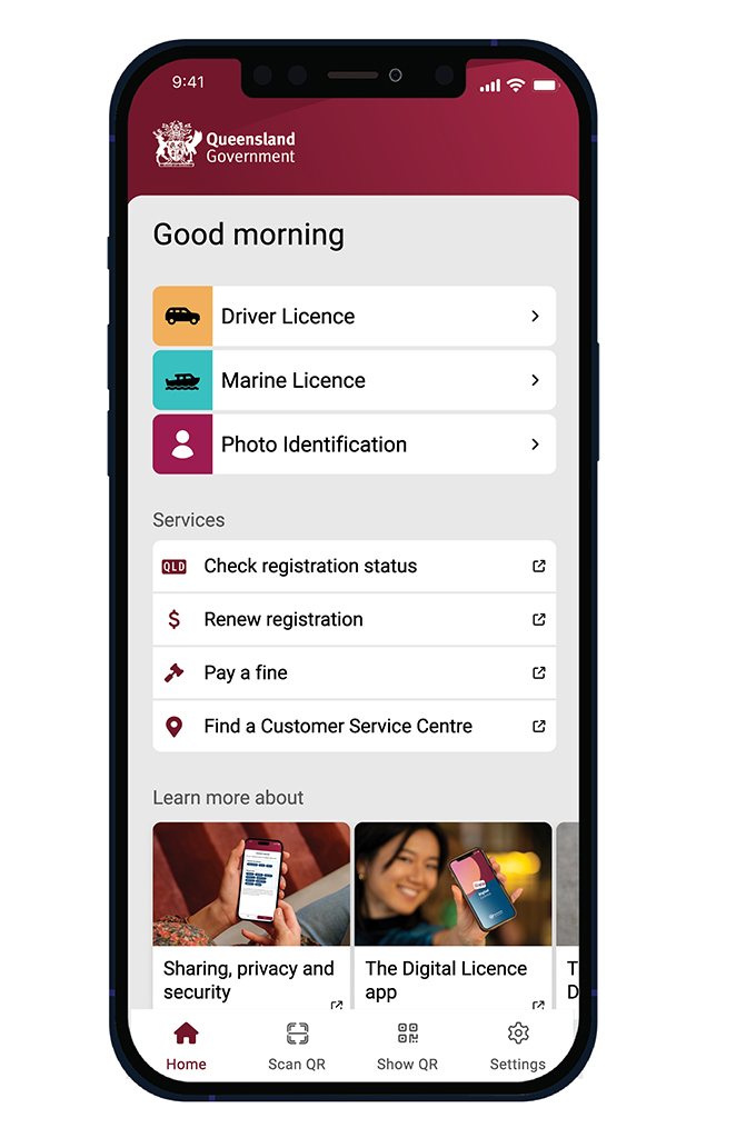 A mobile phone screen showing the home page of the Queensland Government digital licence app (DLA)