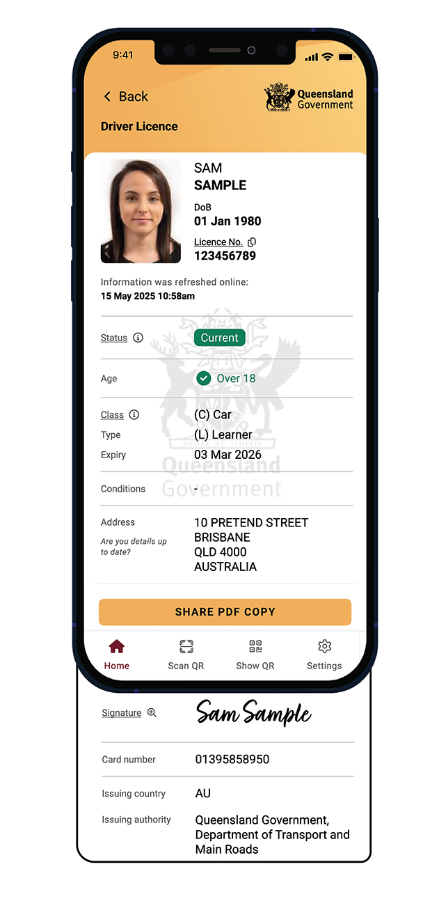 A mobile phone screen showing a sample Queensland digital driver licence.
