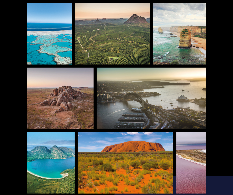 8 pictures of Australian landscapes featured on passport visa pages. 