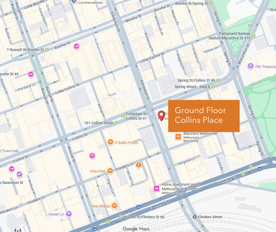 Map of Melbourne CBD showing the Melbourne Passport Office at Collins Place, enter via Exhibition Street.