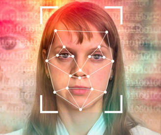 A woman's face in a passport photo style pose. Her face is overlayed with a geometric pattern representing biometric technology.