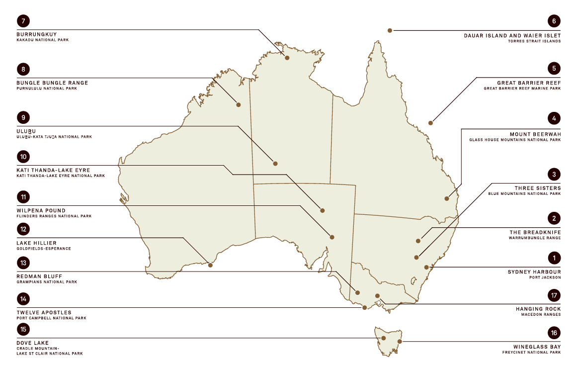 A map of Australia marked with the 17 locations featured in the R Series passport:  Sydney Harbour, Port Jackson  Three Sisters, Blue Mountains National Park  The Breadknife, Warrumbungle Range  Mount Beerwah, Glass House Mountains National Park  Great Barrier Reef, Great Barrier Reef Marine Park  Dauer Island and Ware Islet, Torres Strait Islands  Burrungkuy, Kakadu National Park  Bungle Bungle Range, Purnululu National Park  Uluru, Uluru-Kata Tjuta National Park  Kati Thanda-Lake Eyre National Park  Wilpe