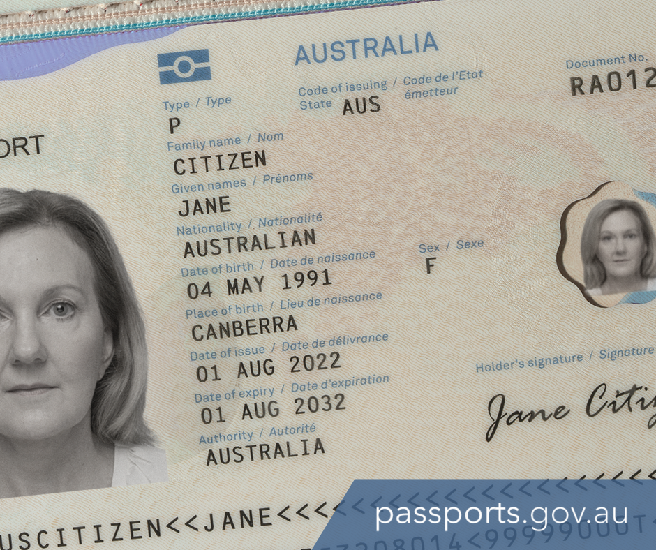 A close-up of the photo page of an Australian passport. It shows the French and English text that appears on this page.