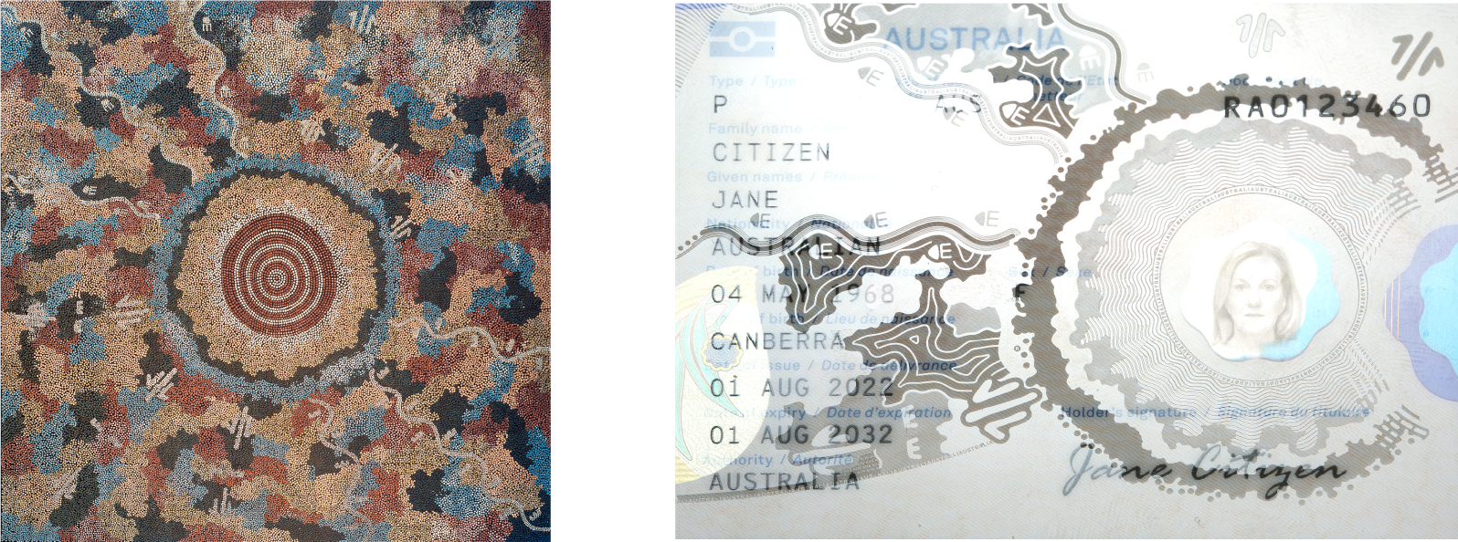 Two images sit side by side. On the left is Michael Nelson Jagamara's painting Possum and Wallaby Dreaming (1985). It features a series of white and brown concentric circles in the centre, surrounded by bands and shapes of alternating blue, black, tan and brown and white that fan outwards. The image on the right is of the R Series passport data page. It's mostly grey in colour, with a photo of Jane Citizen, the passport holder, and her details in the background with a watermark from Possum and Wallaby Dream