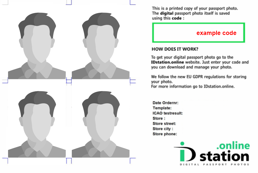 Sample image of ID Station photos. Four headshot photos in a square formation on the left side with the photo code highlighted in a green box in the text to the right of the photos.