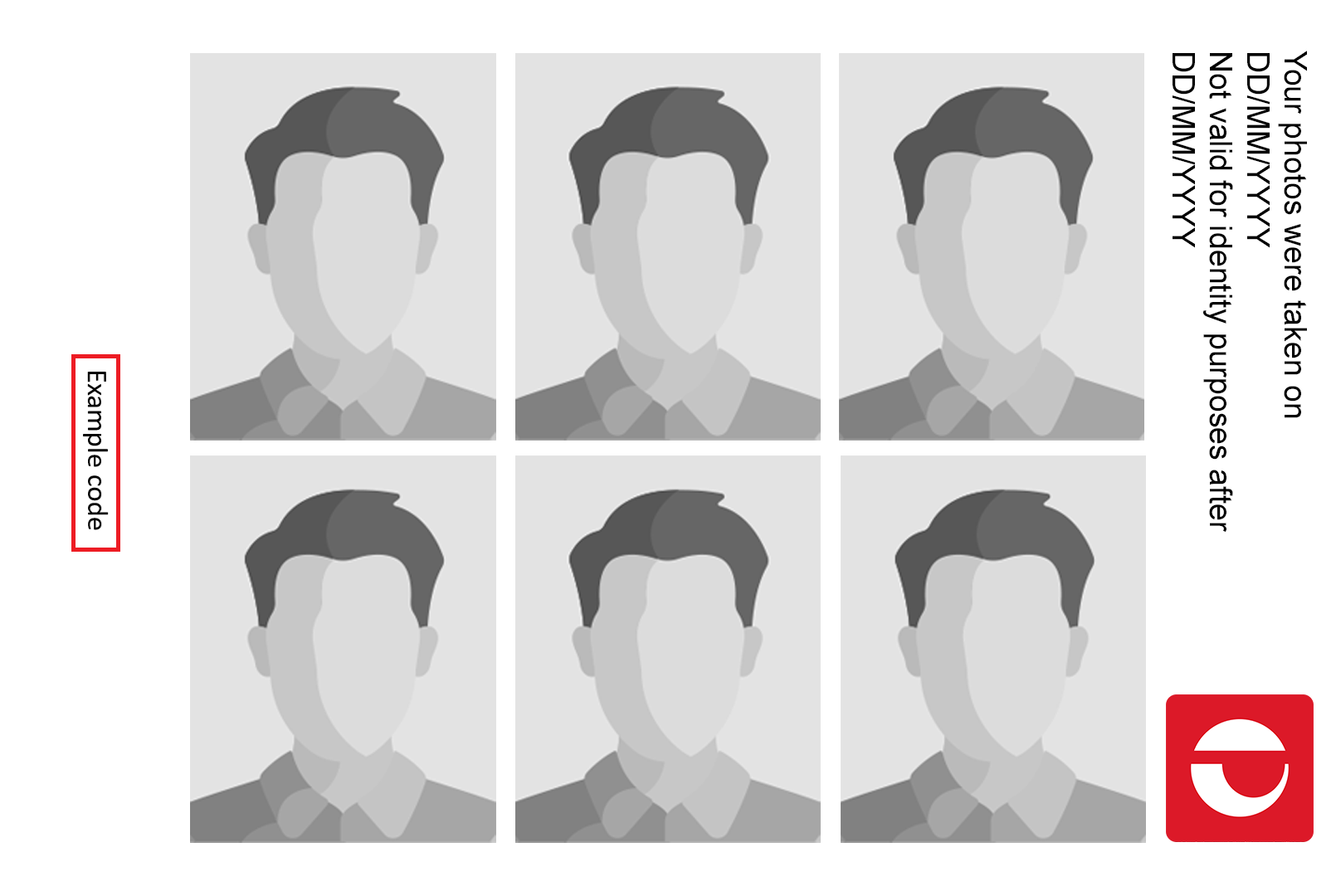 Australia Post photo code example. Six headshot photos are in the middle, 3 in top row, 3 in bottom row. To the left is the photo code example. On the right is the photo metadata text.