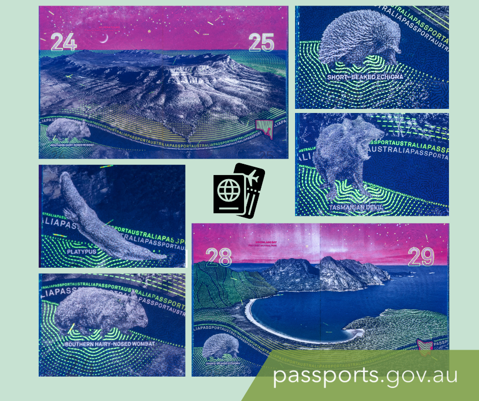 Images of Australian native animals under UV light as shown on the passport